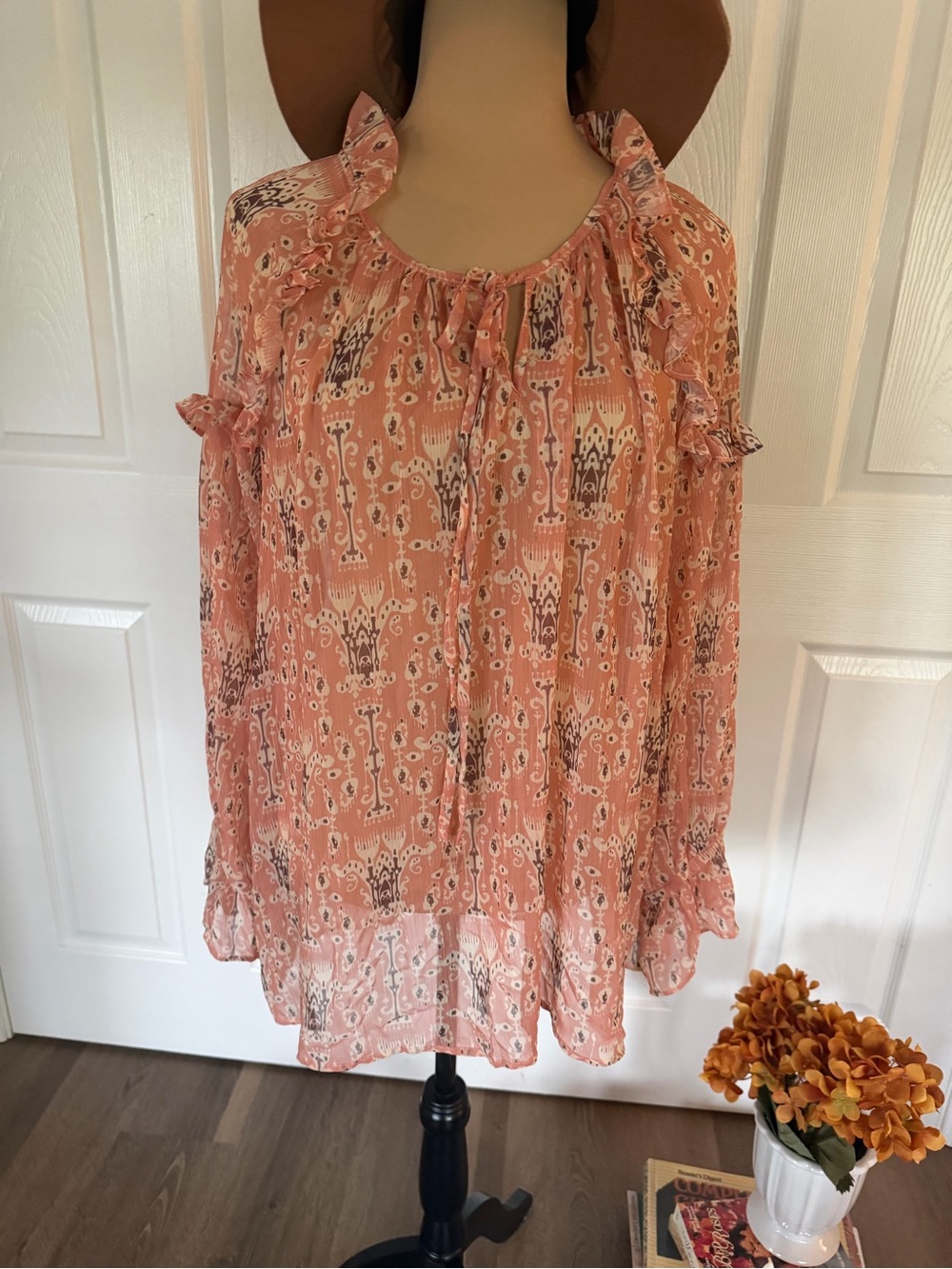 Sundance Peach Printed Ruffle Tie-Neck Tunic